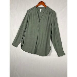 GAP Maternity Blouse Women Large Green Linen Blend V-Neck Long Sleeve Tunic Top